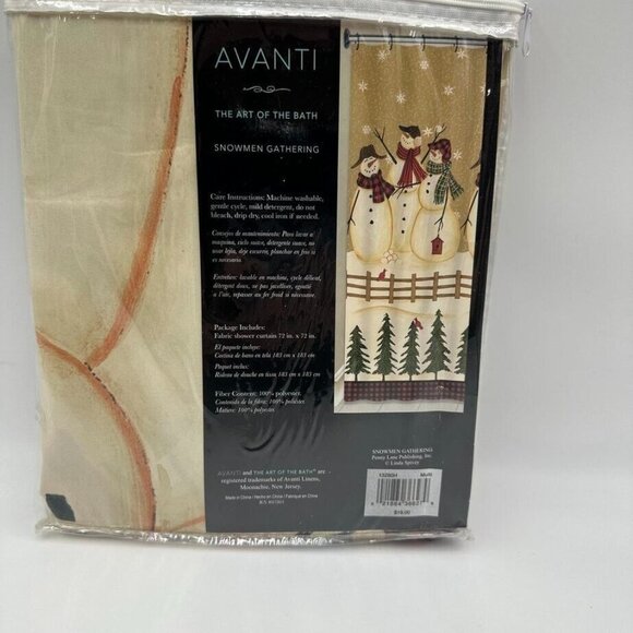 Avanti Snowmen Gathering 72x72" Fabric Shower Curtain Christmas Trees Beige New - Picture 3 of 7